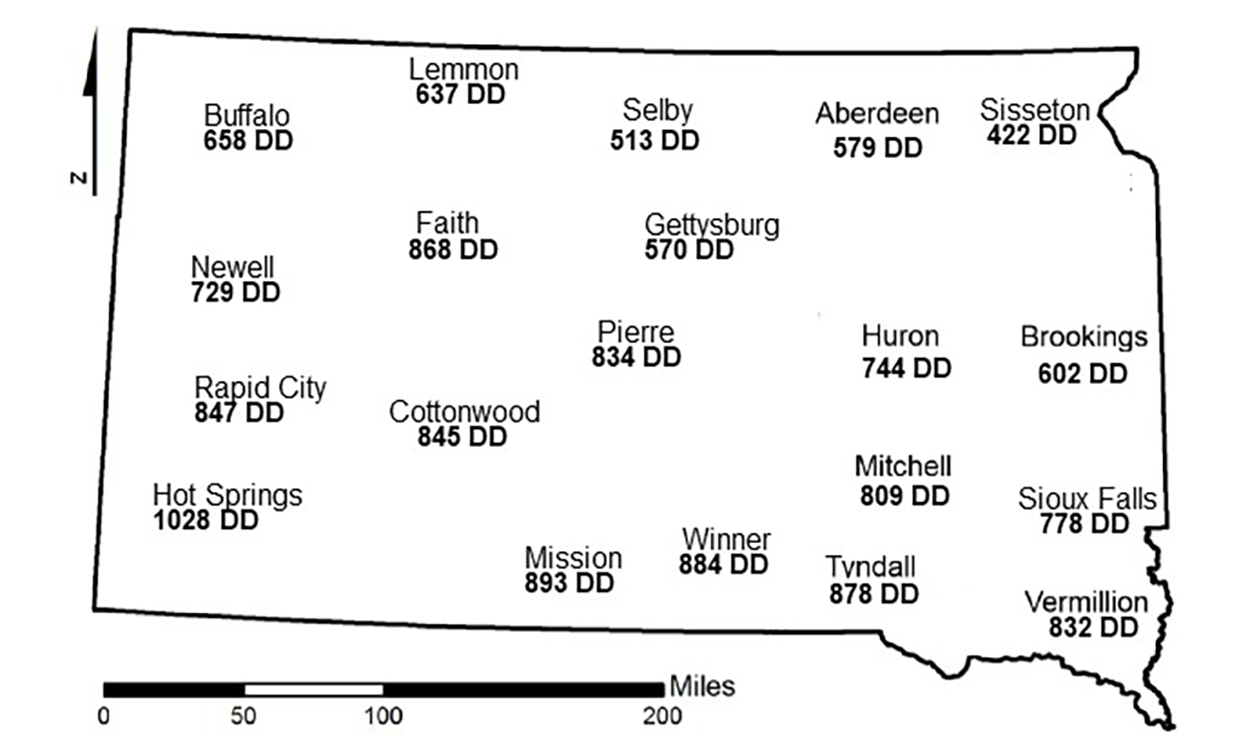 Map showing the current degree day accumulations of common stalk borers for several South Dakota locations. For assistance reading this graphic and data set, please call SDSU Extension at 605-688-4792.