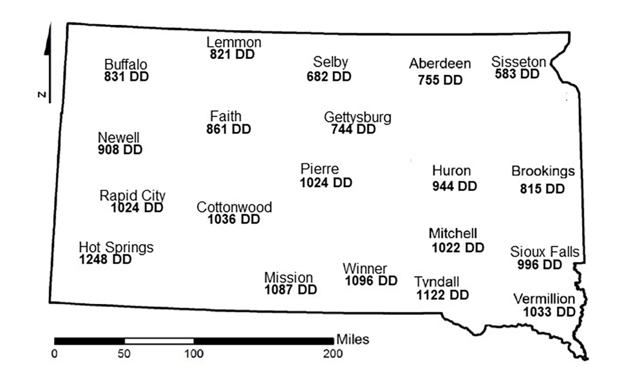 Map of South Dakota with locations indicating how many degree days have been accumulated.