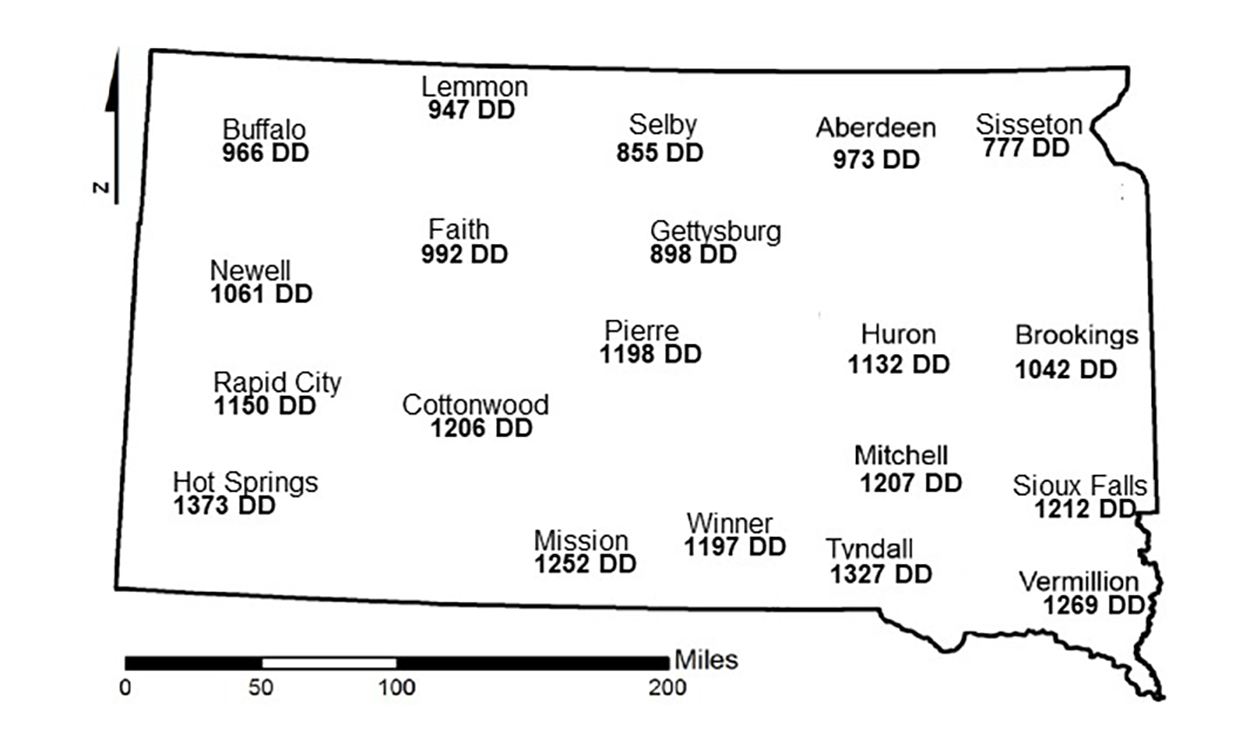 Map showing the current degree day accumulations of common stalk borers for several South Dakota locations and the corresponding management recommendation.