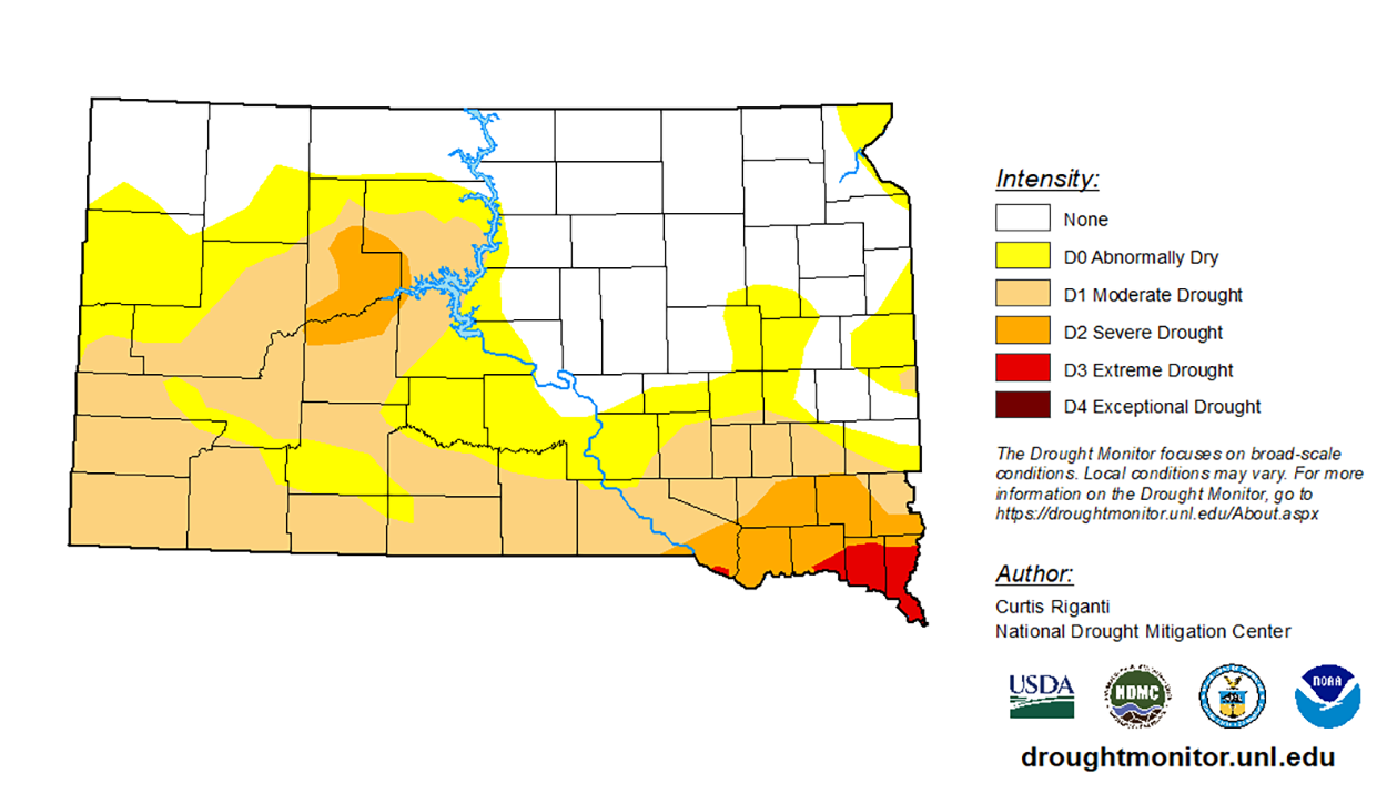 Drought monitor map for the state of South Dakota. Drought levels have significantly improved in large parts of the state compared to 2021.