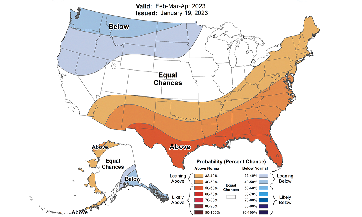 Color-coded temperature outlook map of the United States for February through April 2023. For an in-depth description of this graphic, please call SDSU Extension at 605-688-6729.