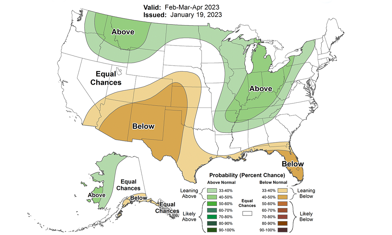 Color-coded precipitation outlook map of the United States for February through April 2023. For an in-depth description of this graphic, please call SDSU Extension at 605-688-6729.