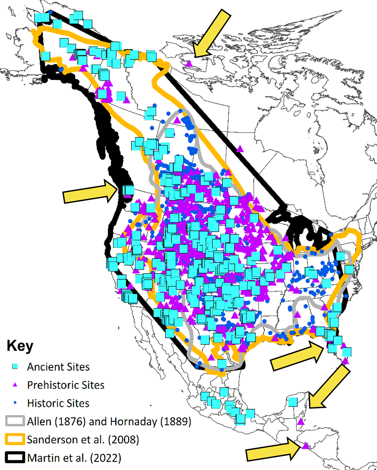 Plot map comparing bounding edges of historical bison distribution from 1889 to 2008. For an in-depth description of this graphic and data set, please call SDSU Extension at 605-688-6729.