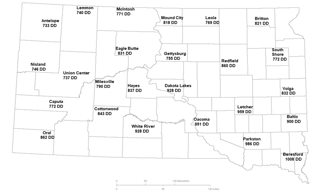 Map of South Dakota with numbers associated with current degree day estimates. For a detailed description of this graphic and data set, please call SDSU Extension at 605-688-6729.