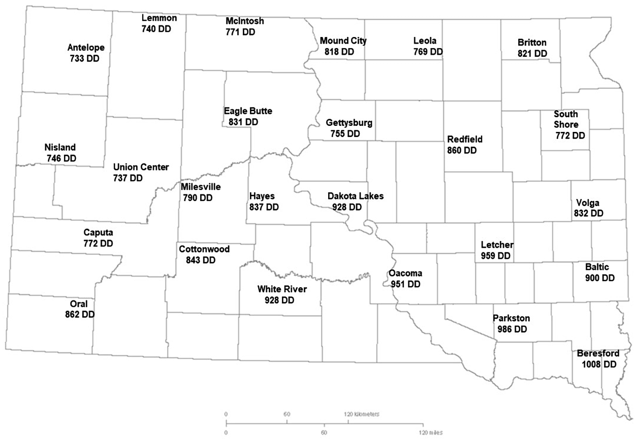 Map of South Dakota with numbers associated with current degree day estimates. For a detailed description of this graphic and data set, please call SDSU Extension at 605-688-6729.