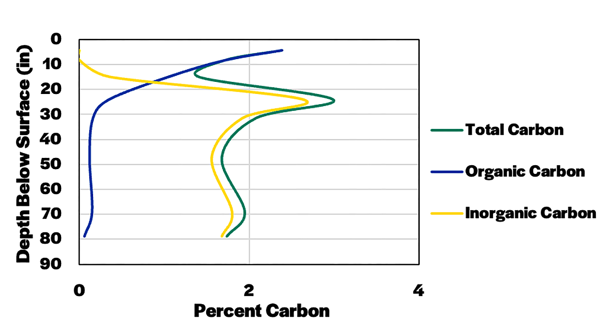 Line graph showing soil total, organic and inorganic carbon concentration versus depth for a characterization pedon of Houdek soil. For a detailed description of this graphic and data set, please call SDSU Extension at 605-688-6729.