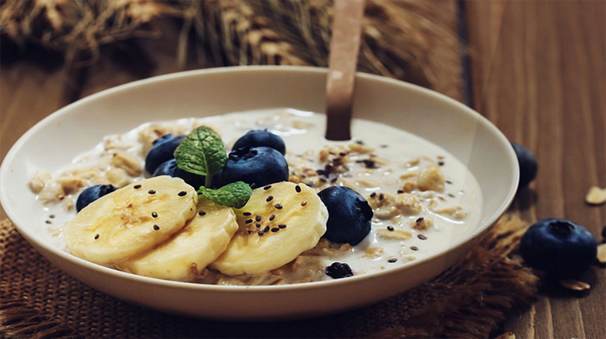 Overnight oats topped with banana, blue berries, and chia seed.