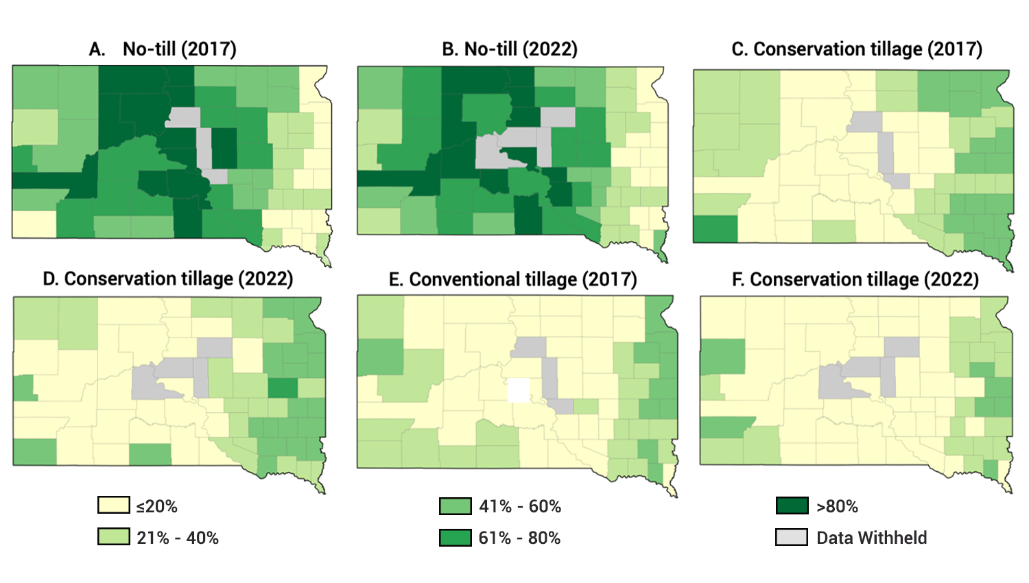 Color-coded maps of South Dakota showing shares of different tillage practices by county in South Dakota. For a detailed description of this graphic and data set, please call SDSU Extension at 605-688-4792.