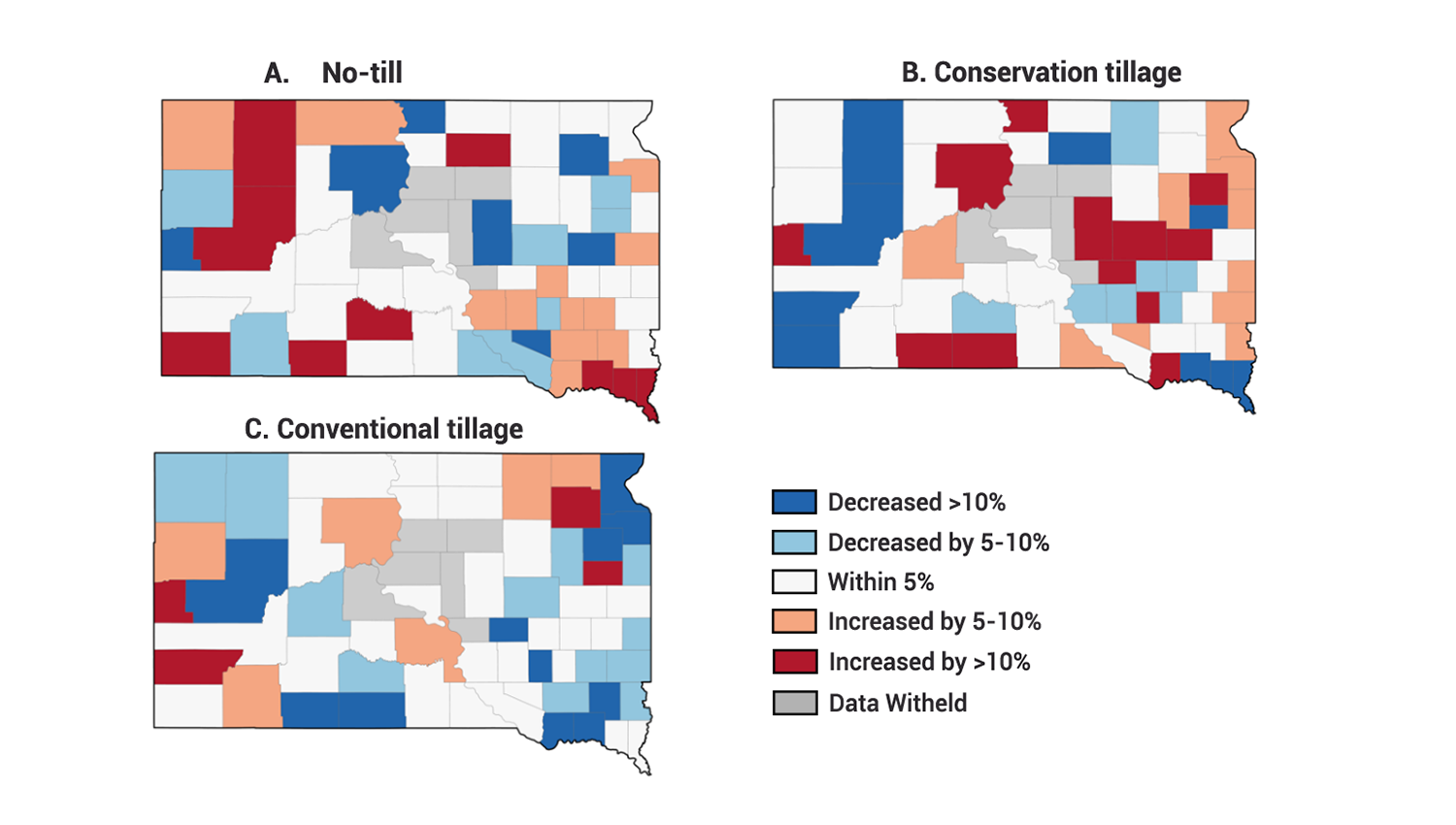 Color-coded maps of South Dakota showing the change in shares of different tillage practices by county in South Dakota. For a detailed description of this graphic and data set, please call SDSU Extension at 605-688-4792.
