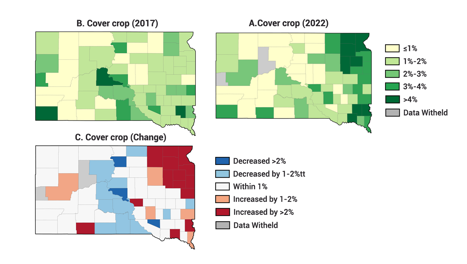Color-coded maps of South Dakota showing cover crop acre shares and changes by county in South Dakota. For a detailed description of this graphic and data set, please call SDSU Extension at 605-688-4792.