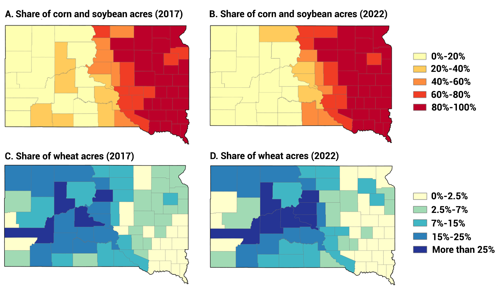 Color-coded maps of South Dakota showing the shares of corn, soybean, and wheat acres in South Dakota by county in 2017 and 2022. For a detailed description of this figure and data set, please call SDSU Extension at 605-688-4792.