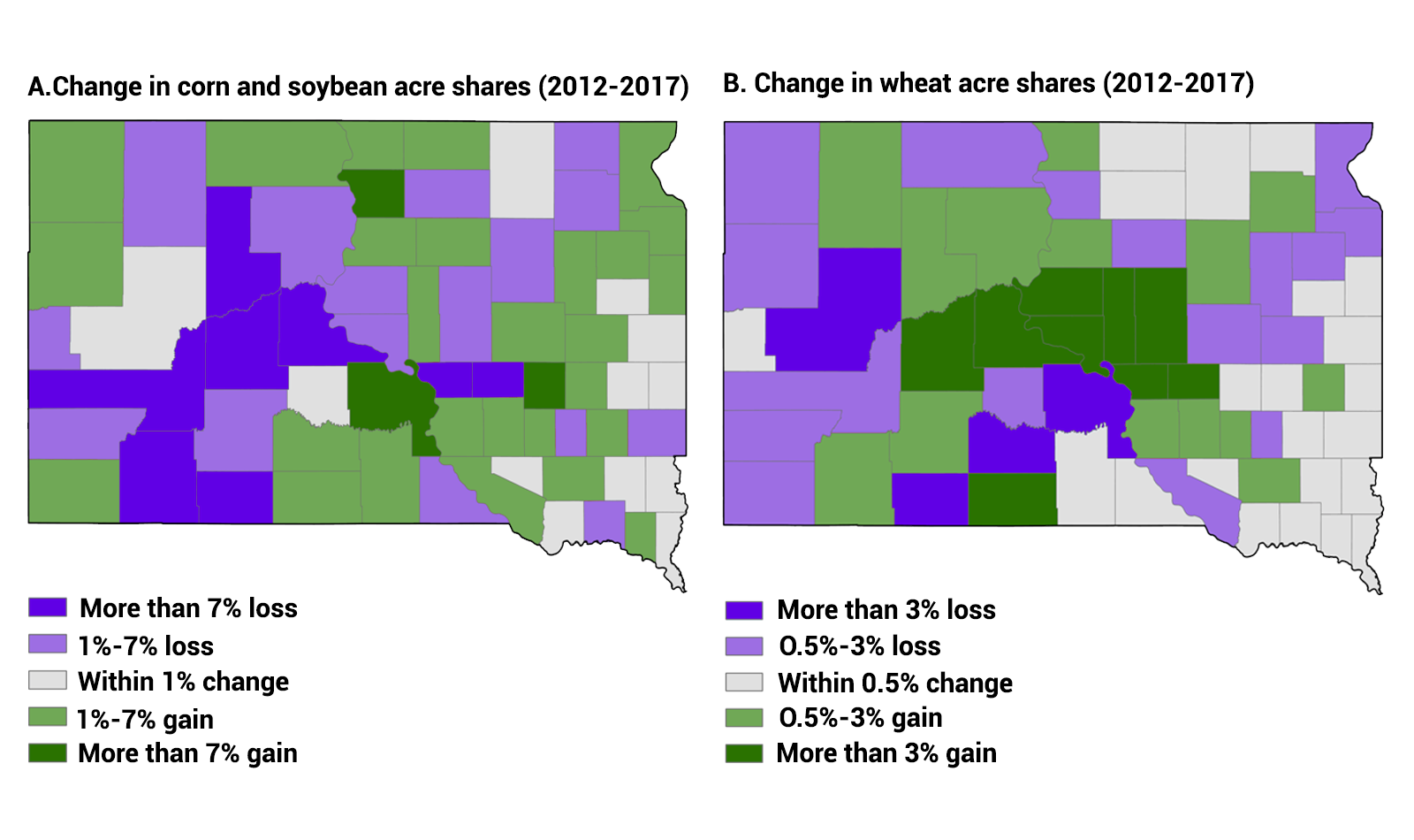 Color-coded maps of South Dakota showing changes in corn, soybean, and wheat acre shares in South Dakota by county in 2017 and 2022.For a detailed description of this figure and data set, please call SDSU Extension at 605-688-4792.
