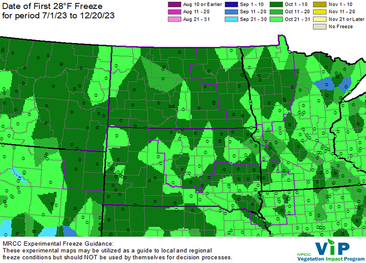 Map of South Dakota with three shades of green indicating the first hard freeze date for 2023.