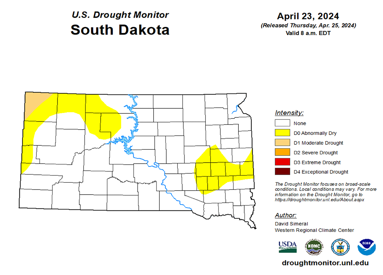 Map of South Dakota with varying colors indicating the level of drought that is being experienced. Most of the map is white, with areas of yellow in the east and northwest.