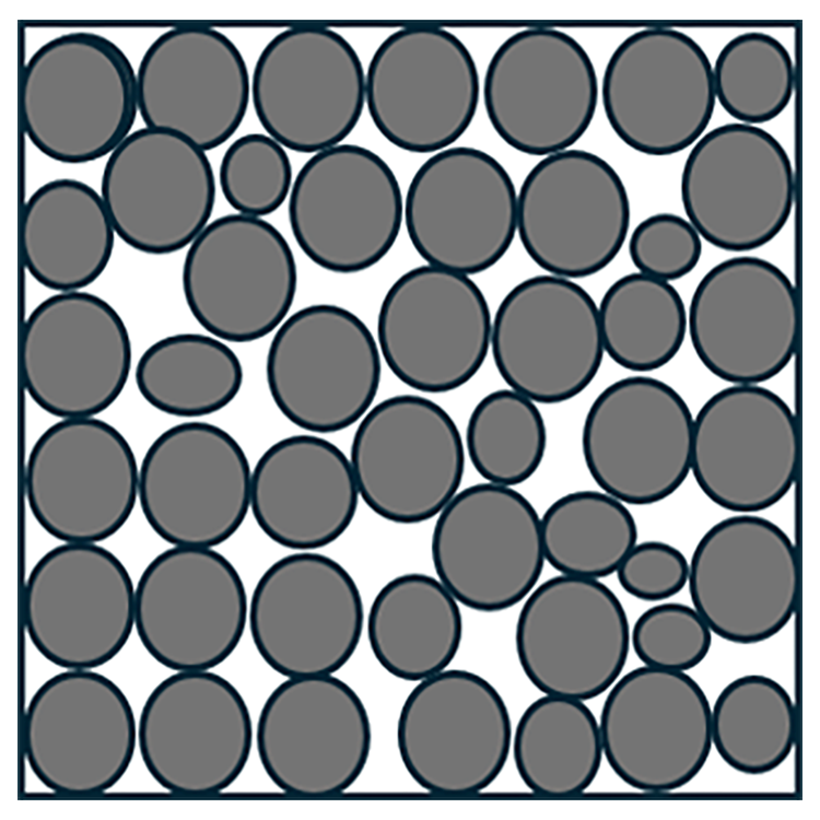Several large, round sand particles in a black box. There is ample space between the particles.
