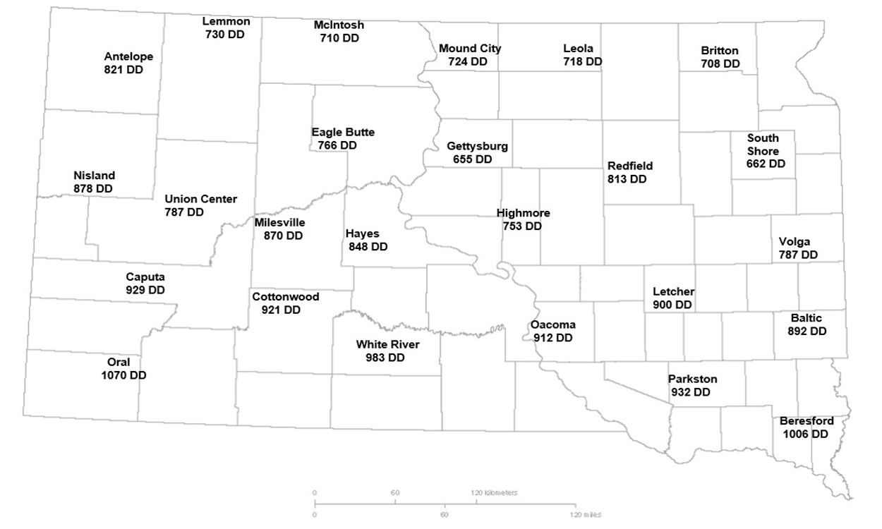 Map of South Dakota with locations indicating how many degree days have been accumulated. For assistance reading this table, please call SDSU Extension at 605-688-4792.