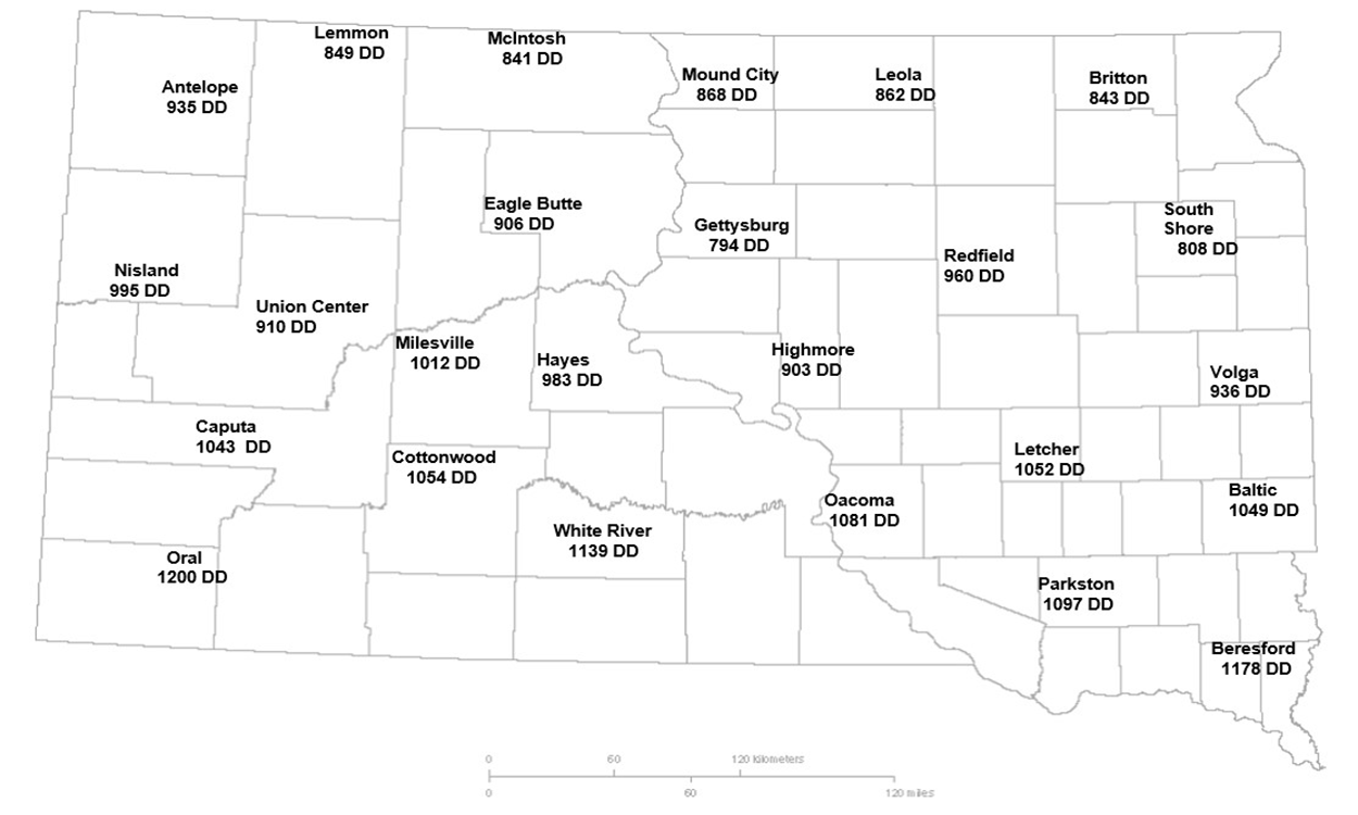 Map of South Dakota with locations indicating how many degree days have been accumulated. For assistance reading this map, please call SDSU Extension at 605-688-4792.