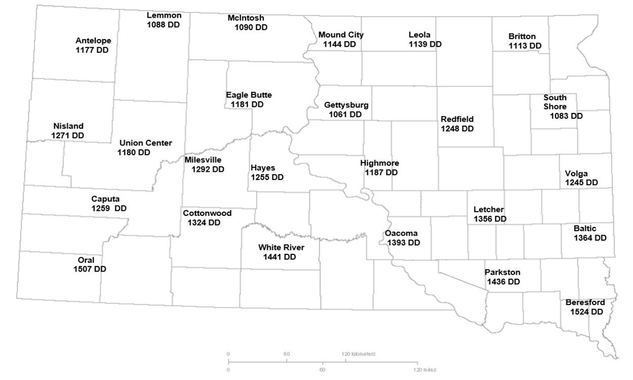 Map of South Dakota with locations indicating how many degree days have been accumulated. For a detailed description, please call SDSU Extension at 605-688-4792.