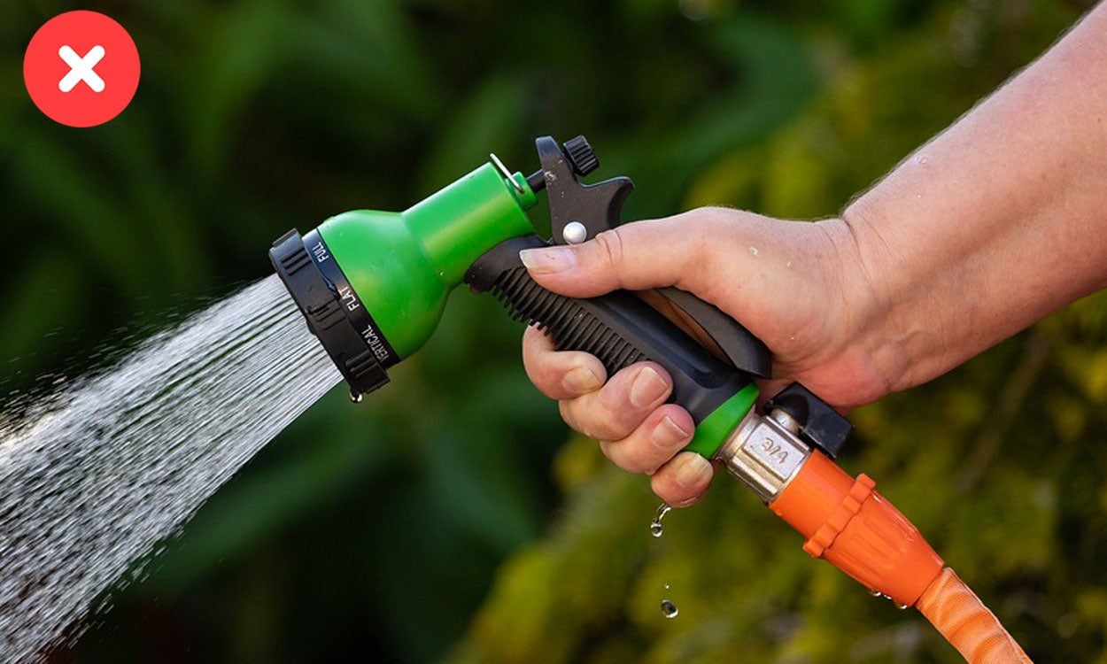 Hand holding a green, squeeze-trigger watering nozzle.