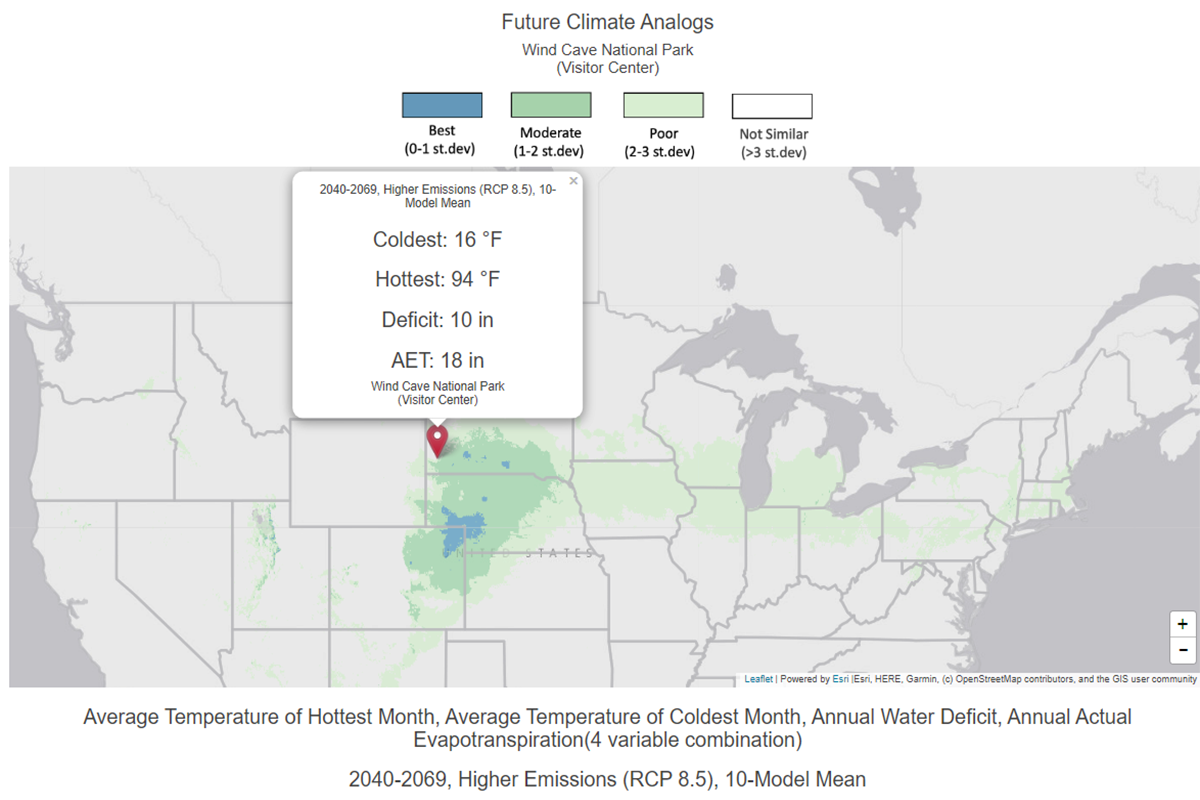 Future Climate Analog output for water in Wind Cave National Park in South Dakota. For a detailed description, please call SDSU Extension at 605-688-4792.