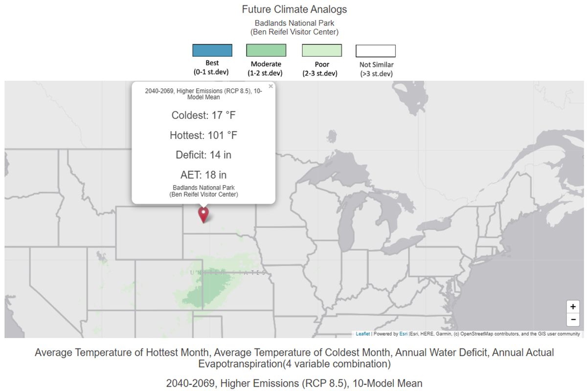 Future Climate Analog output for water in Badlands National Park in South Dakota. For a detailed description, please call SDSU Extension at 605-688-4792.