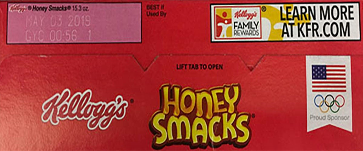 Box top of Kellog’s Honey Smacks displaying the “Best if Used” By date.