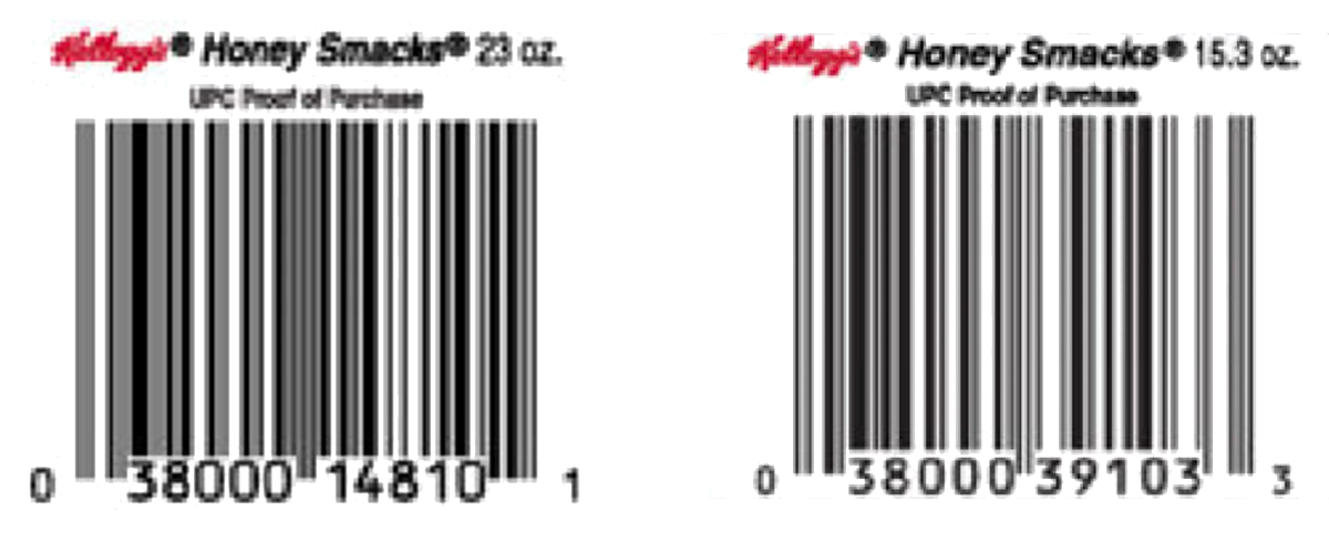 Two UPC labels side-by-side that were used to identify recalled Kellog’s Honey Smacks in 2019.