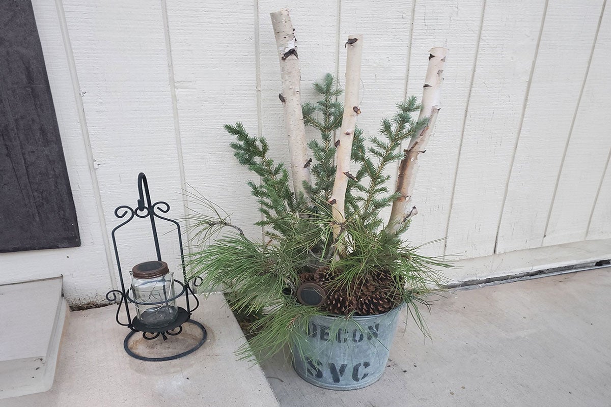 Tin container with greenery and pinecones on a concrete porch