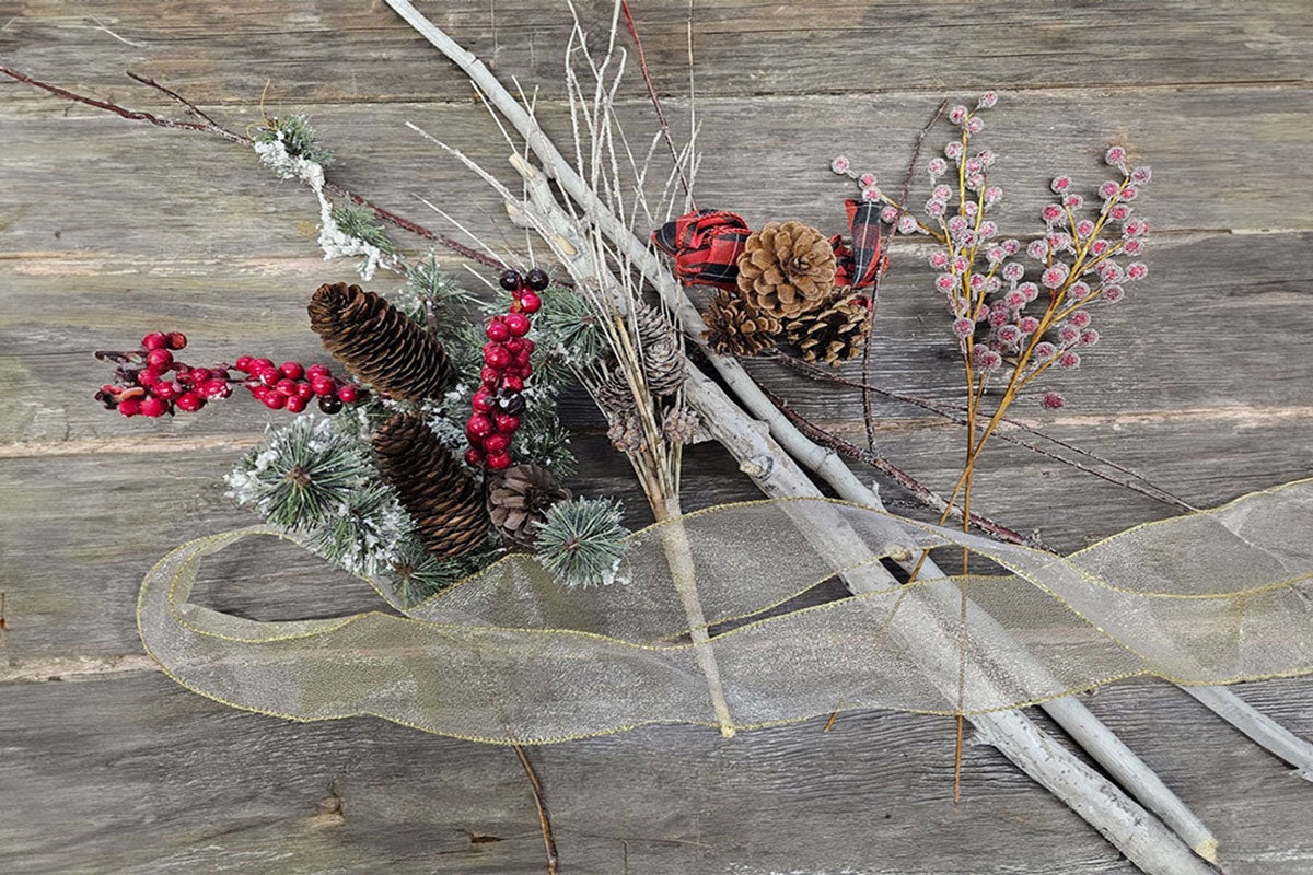 pinecones, berries, ribbon on a wood backdrop