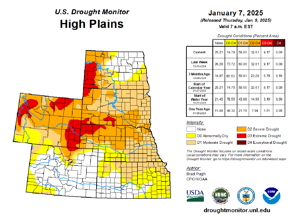 Color-coded map showing drought status for the U.S. High Plains region as of January 7, 2025. For a detailed description, please call SDSU Extension at 605-688-4792.