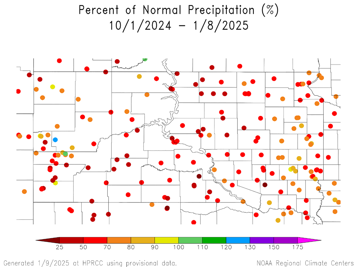 Color-coded plot map showing percent of normal precipitation in South Dakota from October 1, 2024, through January 8, 2025. For a detailed description, please call SDSU Extension at 605-688-4792.