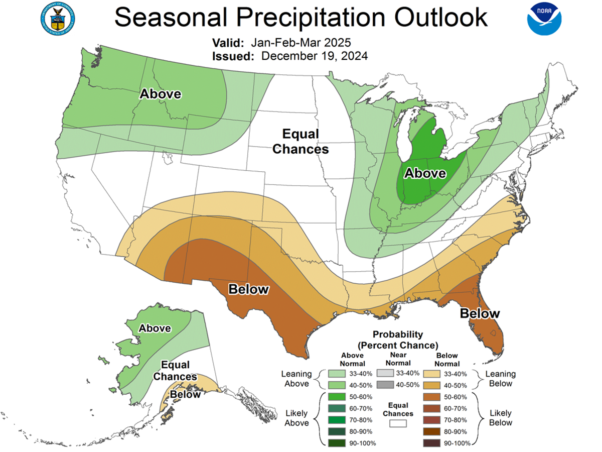 Color-coded map of the United States showing the Seasonal Precipitation Outlook for January through March 2025. For a detailed description, please call SDSU Extension at 605-688-4792.
