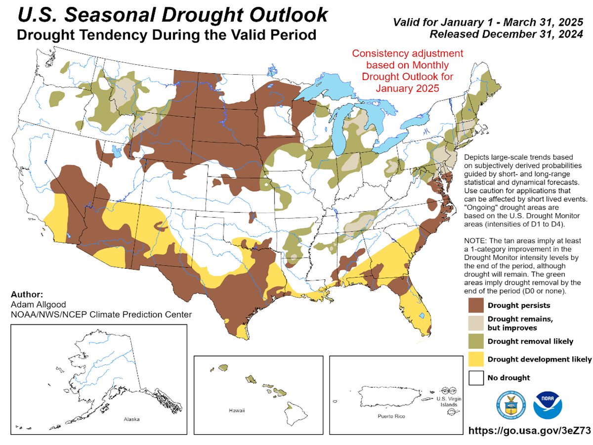 Color-coded map of the United States showing the Seasonal Drought Outlook for January through March 2025. For a detailed description, please call SDSU Extension at 605-688-4792.