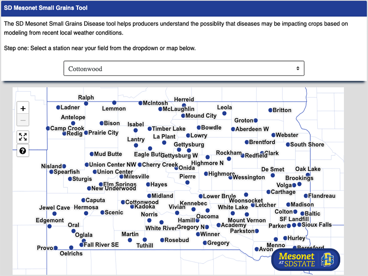 SD Mesonet Small Grains Tool location input with “Cottonwood” selected. For a detailed description, please call SDSU Extension at 605-688-4792.