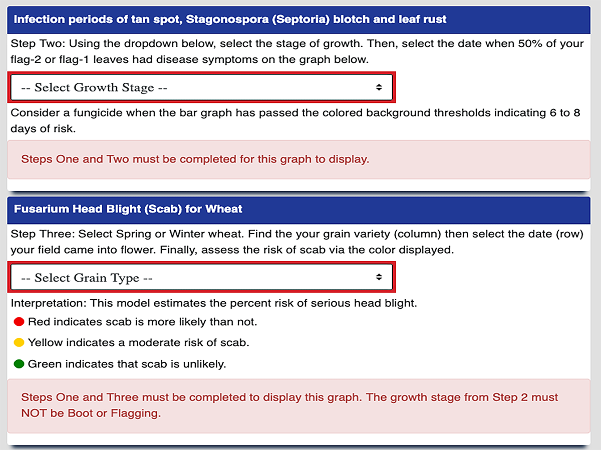 SD Mesonet Small Grains Tool “Disease Selection” input fields for leaf diseases and Fusarium Head Blight. For a detailed description, please call SDSU Extension at 605-688-4792.