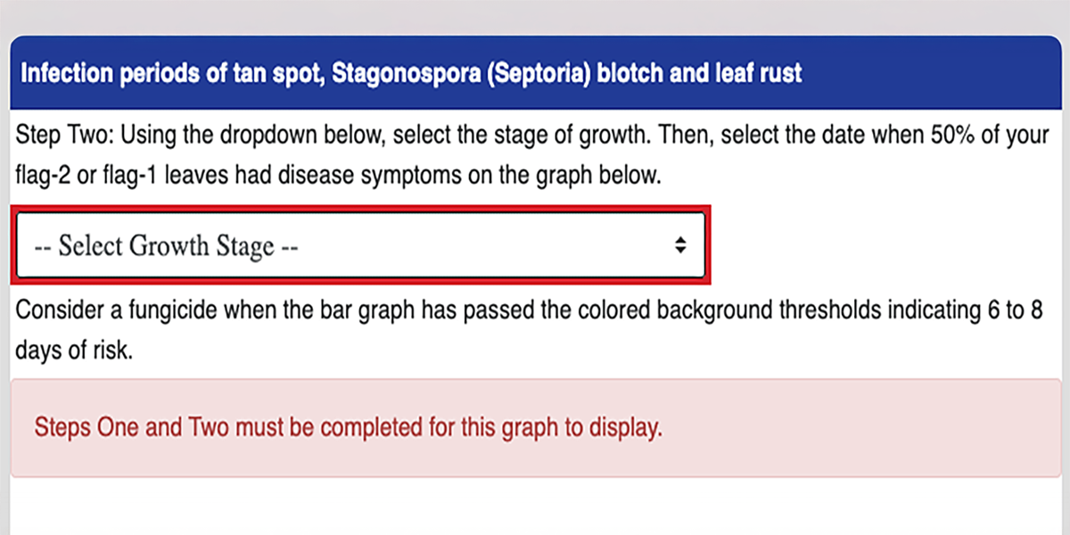 SD Mesonet Small Grains Tool “Leaf Disease” growth stage selection input. For a detailed description, please call SDSU Extension at 605-688-4792.
