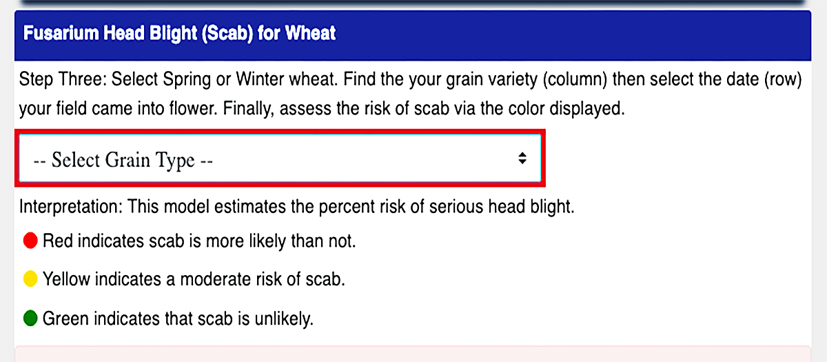 SD Mesonet Small Grains Tool “Fusarium Head Blight” grain selection input. For a detailed description, please call SDSU Extension at 605-688-4792.