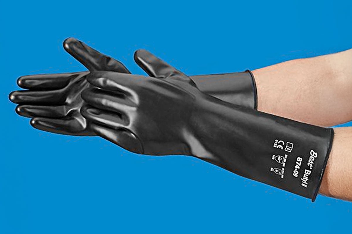 Black gloves with white lettering.