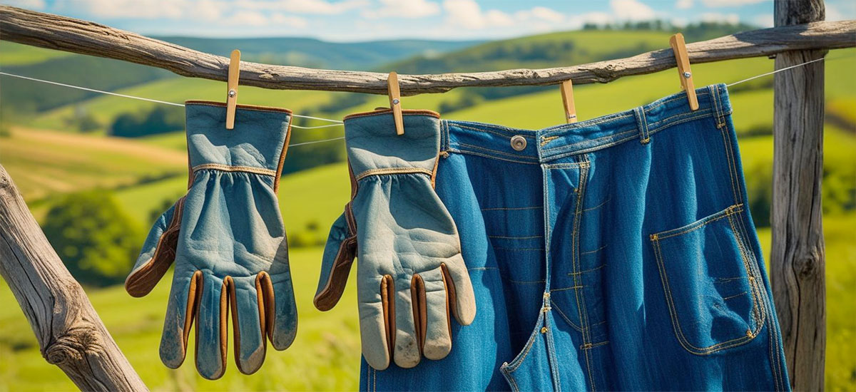 A pair of well-worn work gloves and sturdy denim coveralls hang drying on a rustic clothesline against a backdrop of a sun-drenched countryside landscape.
