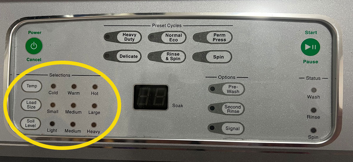 Washing machine console with a yellow circle around the selections for water temperature, load size, and soil level.