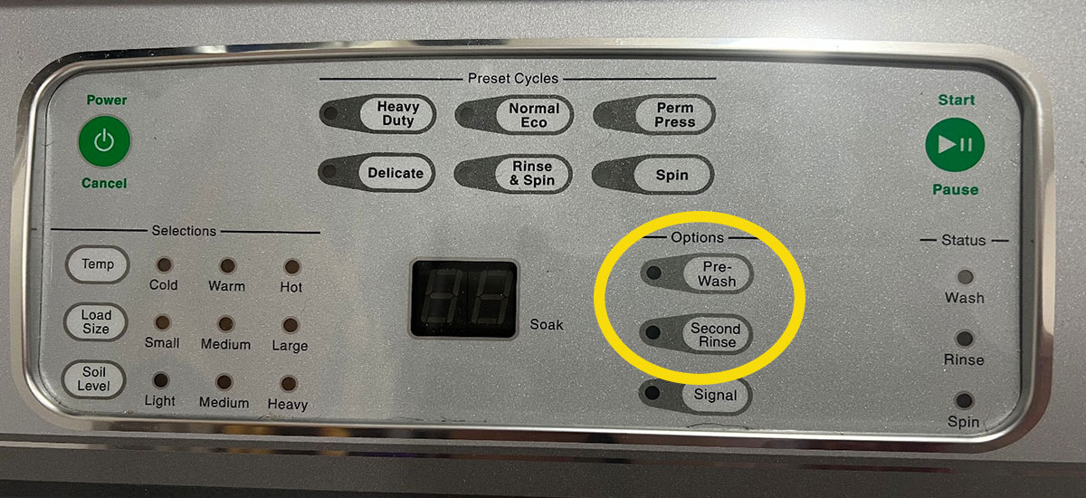 Washing machine console with a yellow circle around the pre-wash and second rinse options.