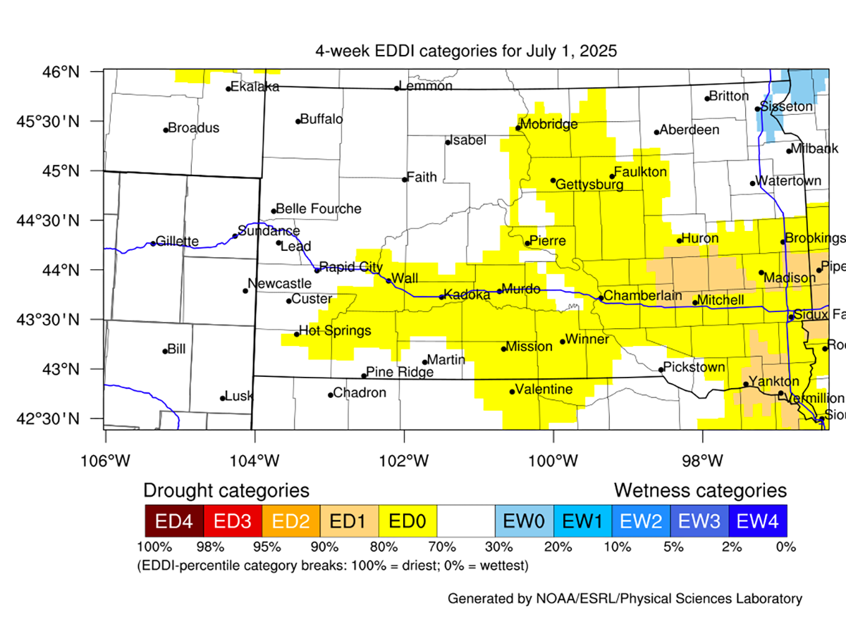 Color-coded map showing the 4-week Evaporative Demand Drought Index (EDDI) for South Dakota. For a detailed description, please call SDSU Extension at 605-688-4792.