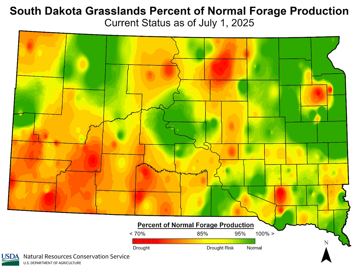 Color-coded map showing Percent of normal forage production in South Dakota.