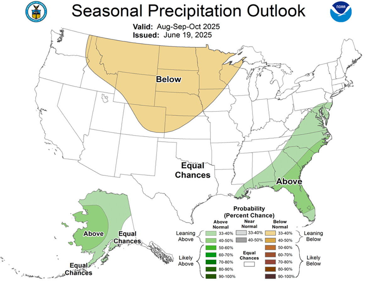 Color-coded map showing current 3-month precipitation outlook. For a detailed description, please call SDSU Extension at 605-688-4792.