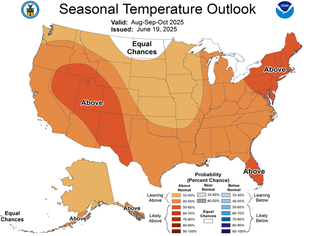 Color-coded map showing current 3-month temperature outlook. For a detailed description, please call SDSU Extension at 605-688-4792.