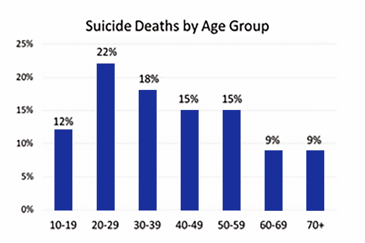 Bar graph showing suicide deaths by age group in South Dakota.
