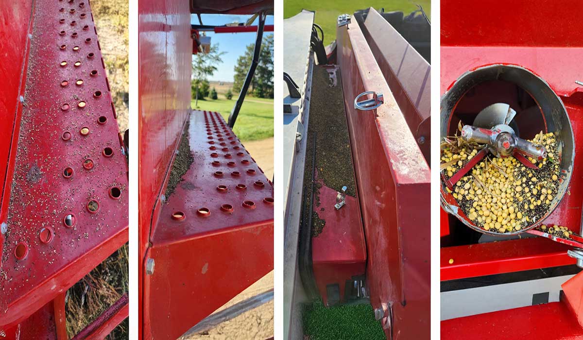Four pictures with parts of a red combine that has various black and yellow seeds throughout.