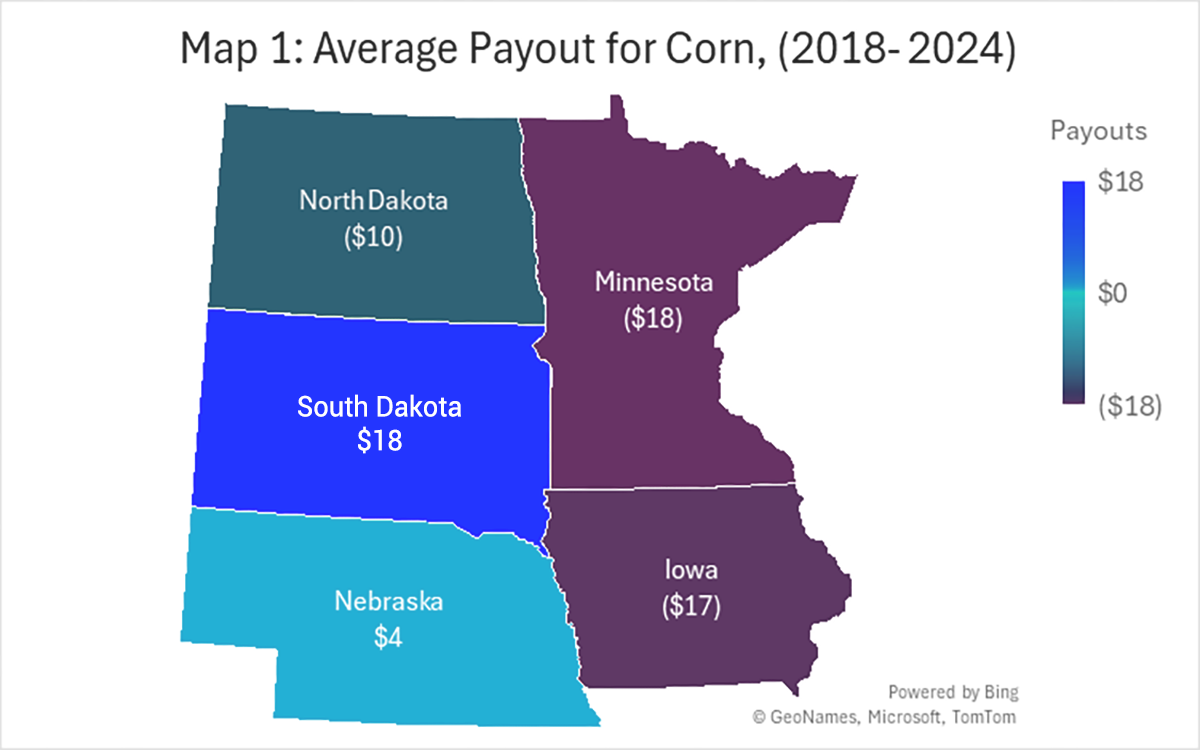 Color-coded map showing the average MP payout in our region for corn. For a detailed description, please call SDSU Extension at 605-688-4792.