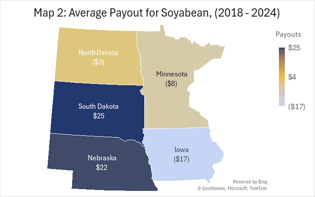 Color-coded map showing the average MP payout in our region for soybean. For a detailed description, please call SDSU Extension at 605-688-4792.