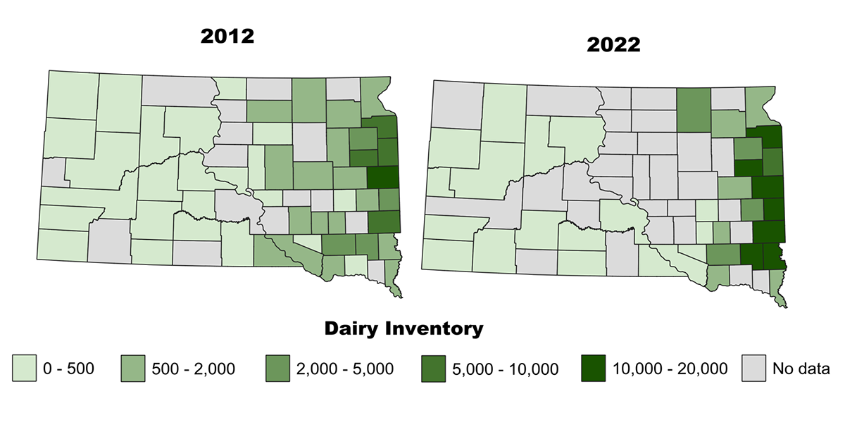 Color-coded map of South Dakota showing dairy inventory by county in 2012 and 2022. For a detailed description, please call SDSU Extension at 605-688-4792.